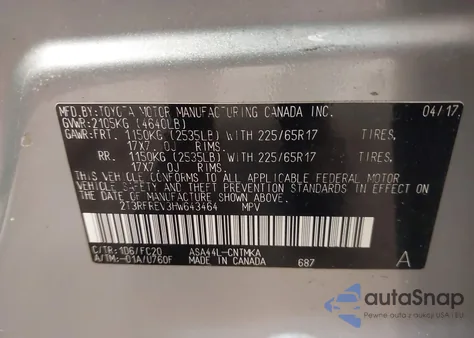 2017 Toyota Rav4 Xle z USA, uszkodzony, nr VIN 2T3RFREV3HW643464